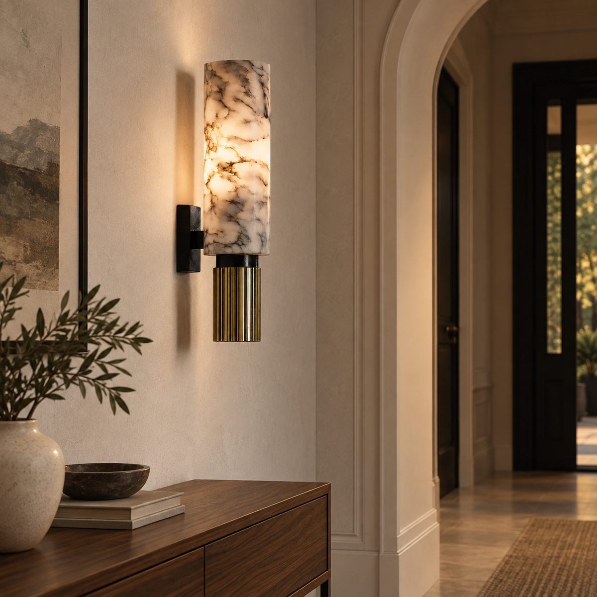 Slank marmorvegglampe i bruk – livsstilsbilde ett