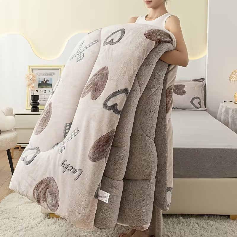 Dobbeltsidig Tofarget Fleeceteppe – Supermyk Kunstfiberfylling, Ultramyk, Med Hjerte- Og Sløyfemønster