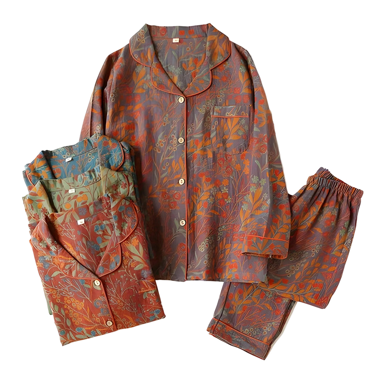 Loungewearsett i Bomull – Vintage Bladtrykk, Krage og Komfortabel Passform