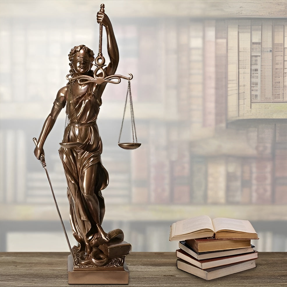 Statue Av Rettferdighetens Gudinne – En Elegant Dekorativ Skulptur Av Justitia