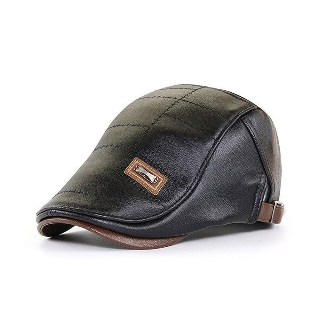 Retroinspirert herreskinnlue i svart – flat cap sett ovenfra