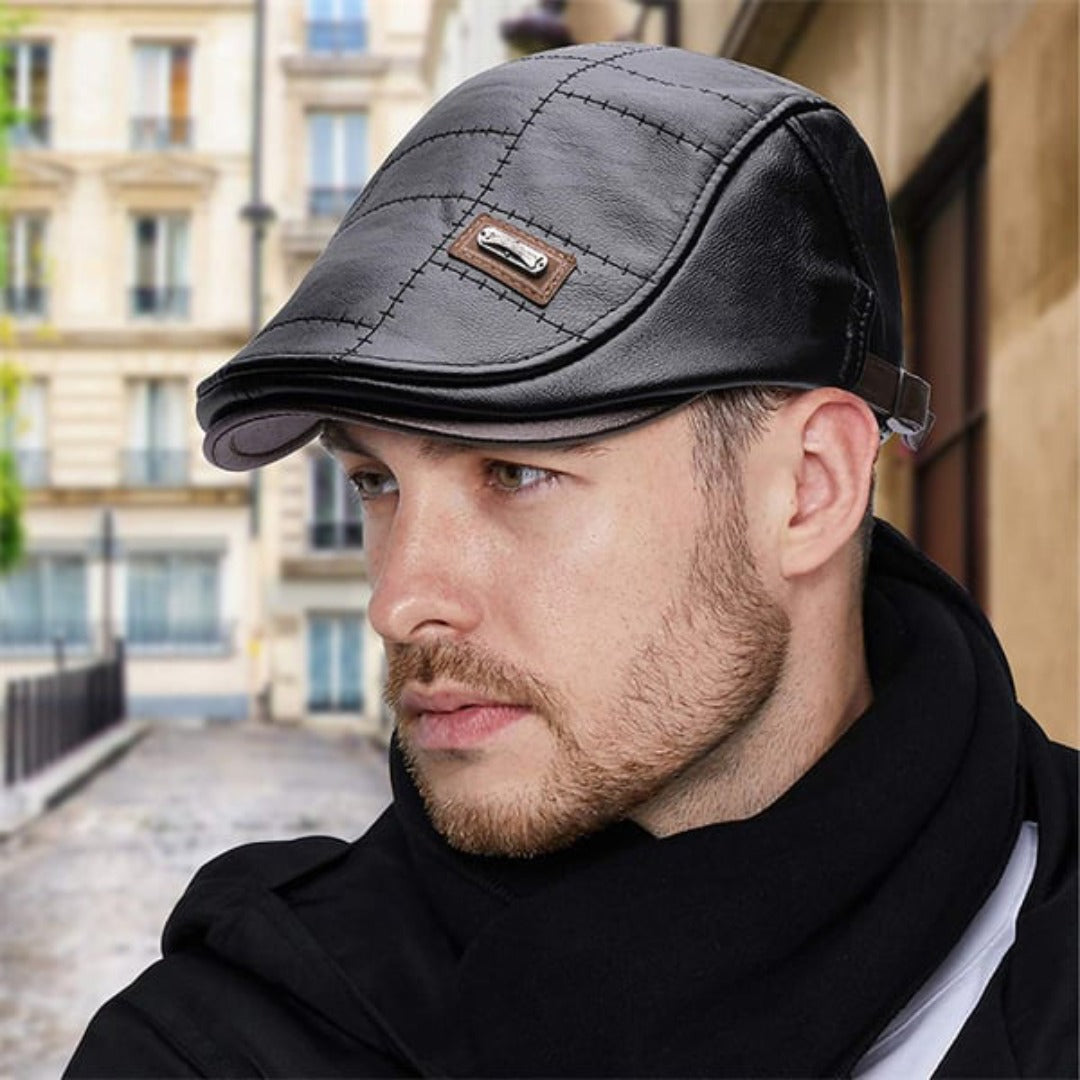 Retroinspirert skinnlue til herre i svart – flat cap sett forfra