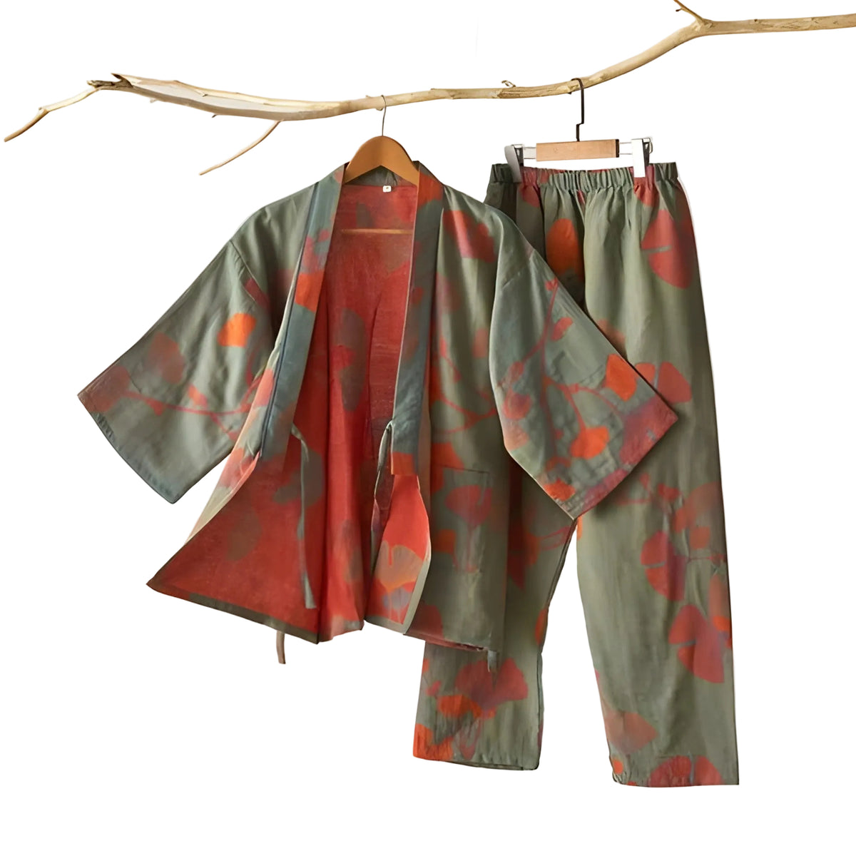 Ginkgo-blad Kimono-pysjamas – Stort Bladtrykk, Ren Bomull