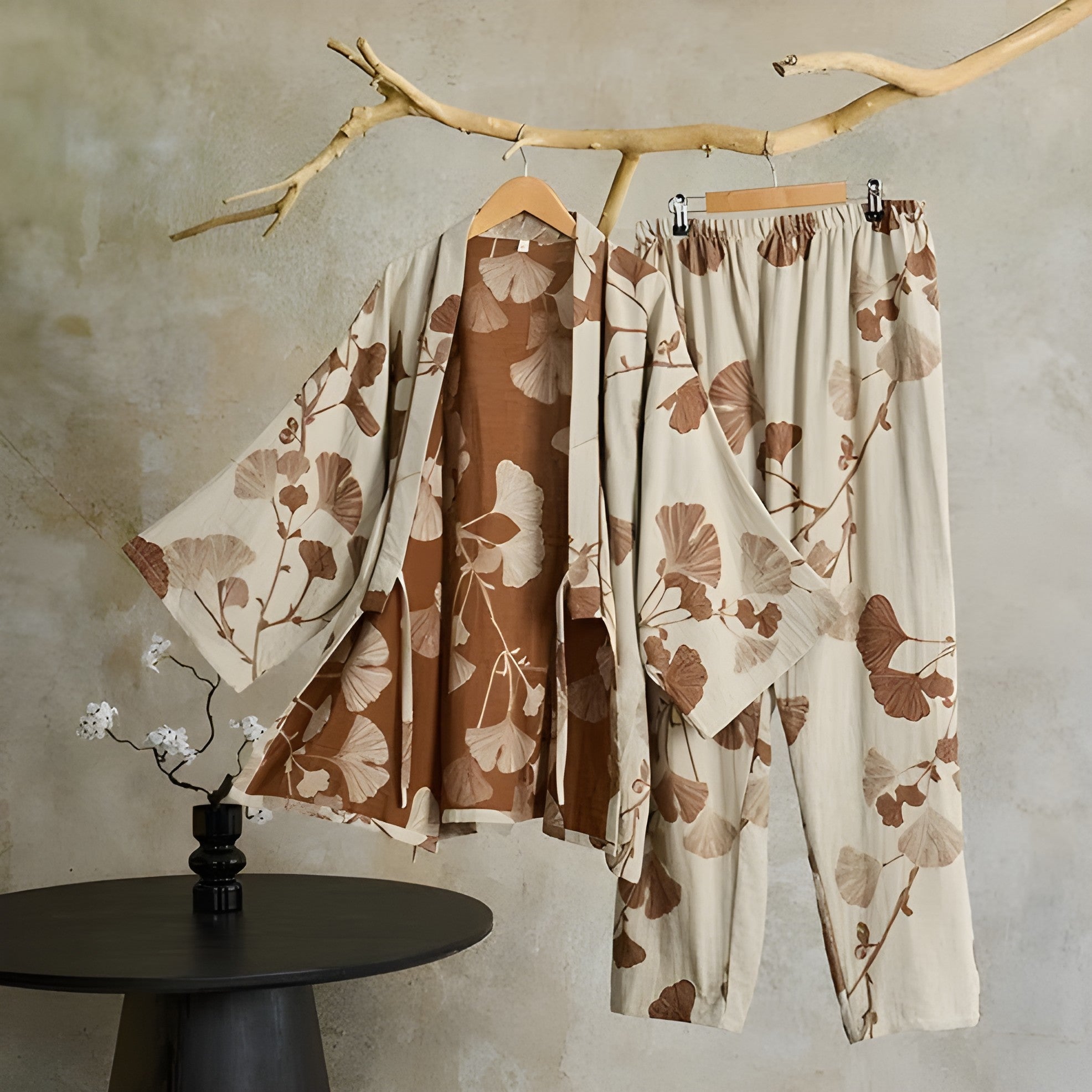 Ginkgo-blad Kimono-pysjamas – Stort Bladtrykk, Ren Bomull