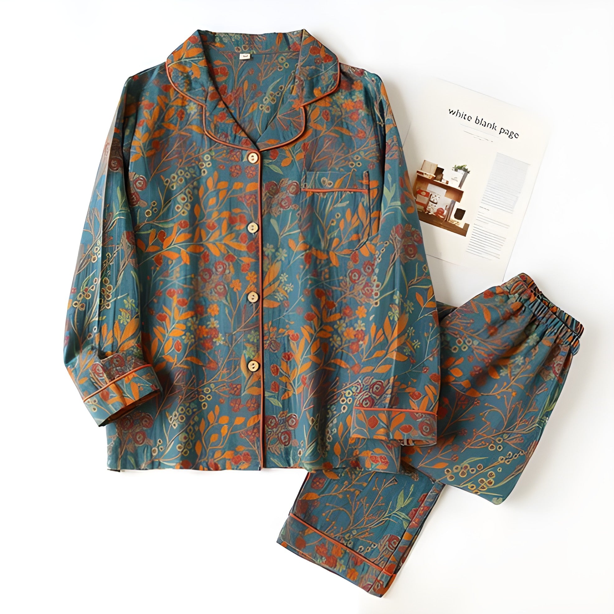 Loungewearsett i Bomull – Vintage Bladtrykk, Krage og Komfortabel Passform