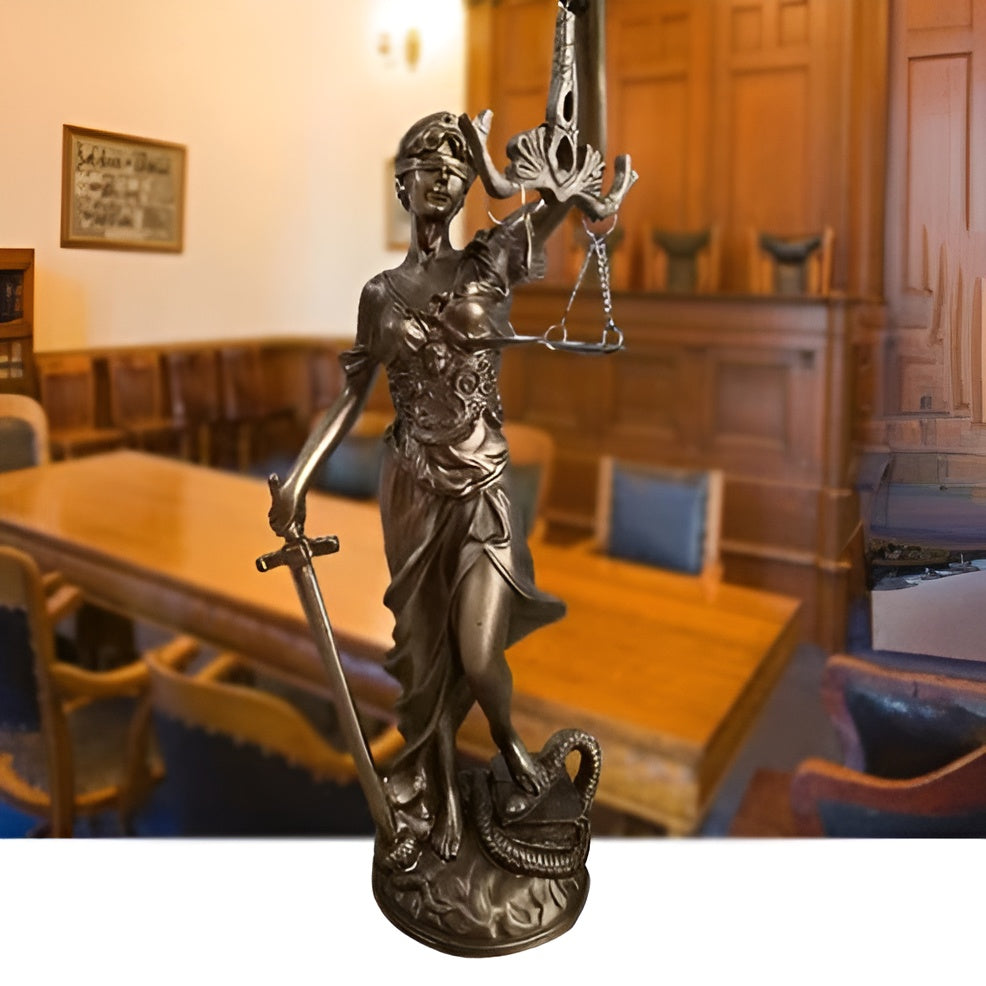 Statue Av Rettferdighetens Gudinne – En Elegant Dekorativ Skulptur Av Justitia