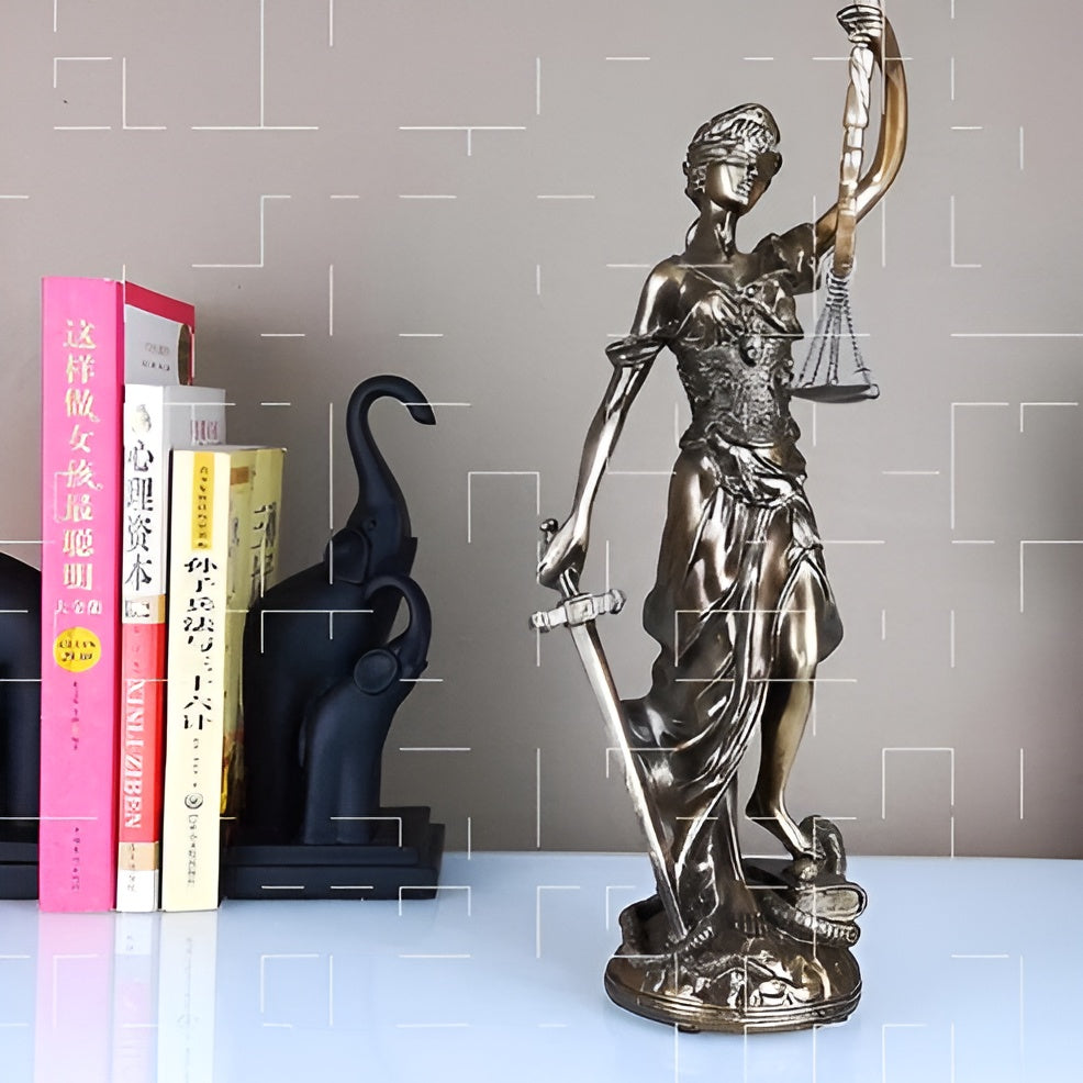 Statue Av Rettferdighetens Gudinne – En Elegant Dekorativ Skulptur Av Justitia