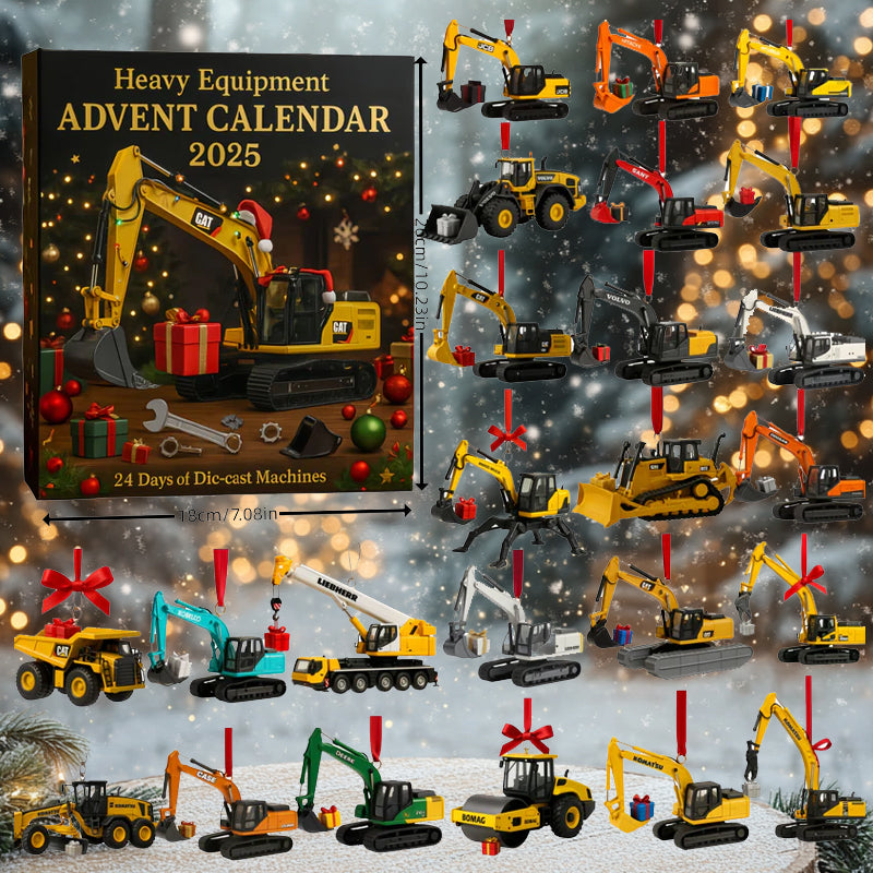 Detaljerte metallminiatyrer av gravemaskiner og bulldosere fra julekalenderen