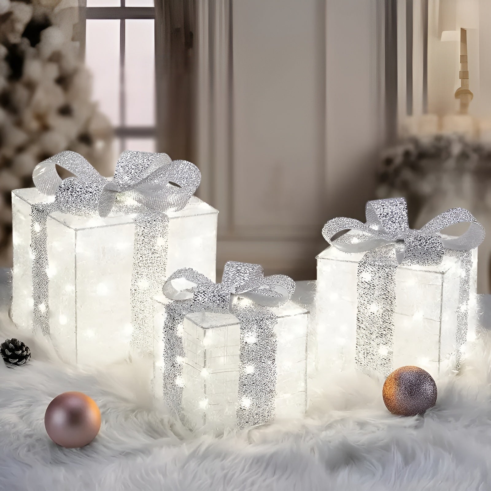 Lysende Julegavebokser – Dekorativt sett med 3 bokser | Med Varme og Fargerike lys for Koselig Julestemning Hjemme