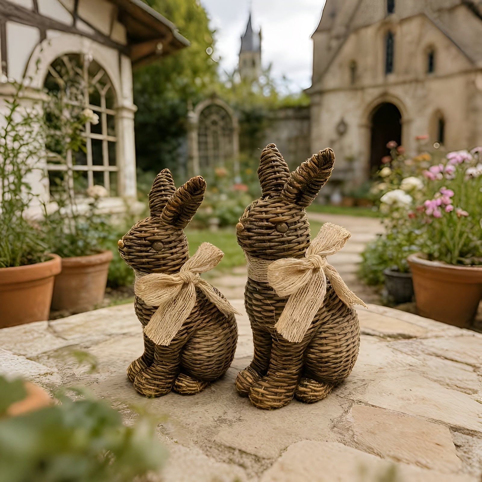 Kaninfigurer, Sett Med 2 Stk. I Kunstharpiks – Vintage Landlig Stil Med Sokkel Og Rankedesign | Dekorativt Til Hagen Og Påsken