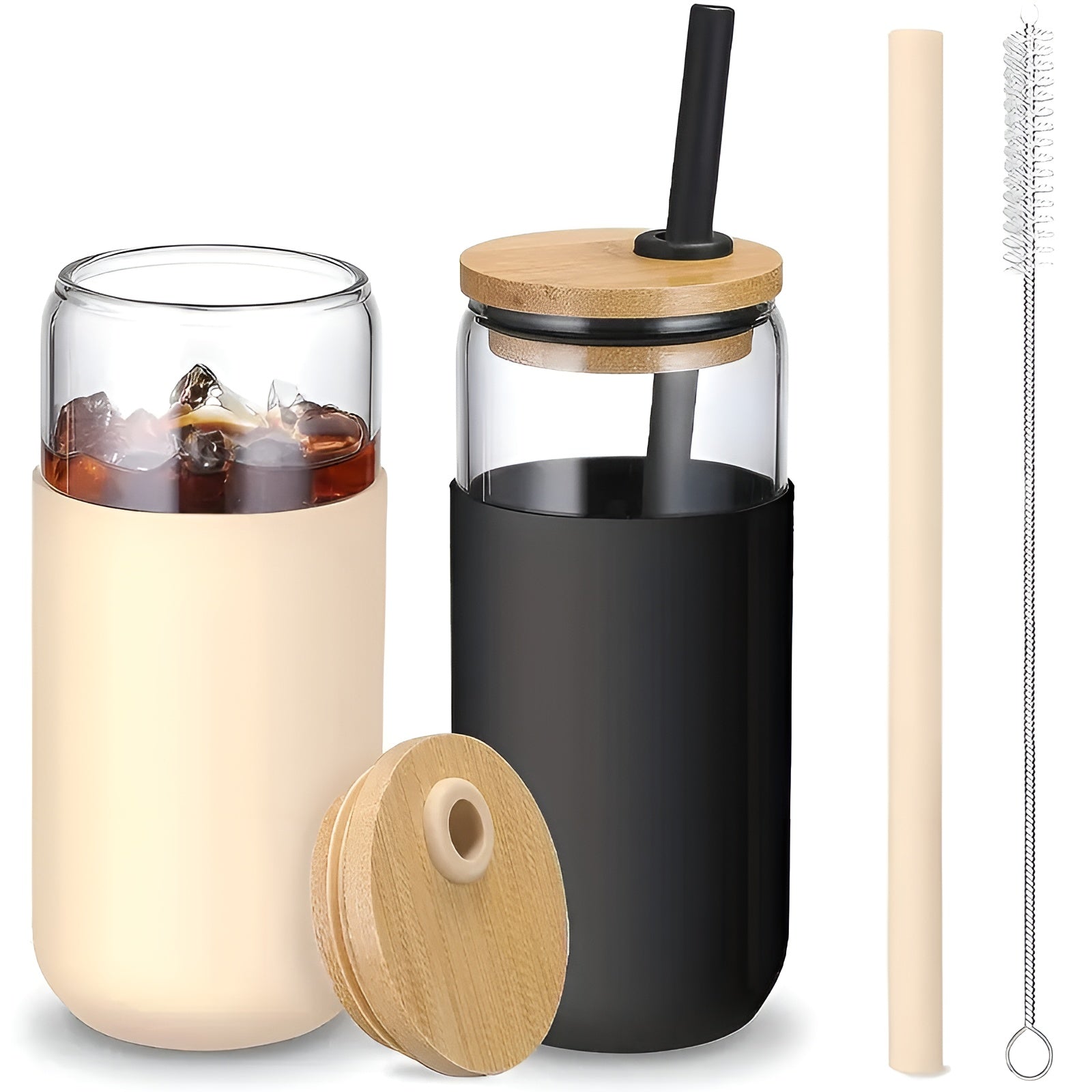 Drikkeglass Med Sugerør – 2-delers Sett Med Trelokk Og Silikonholder | Perfekt Til Kaffe, Juice Og Smoothies