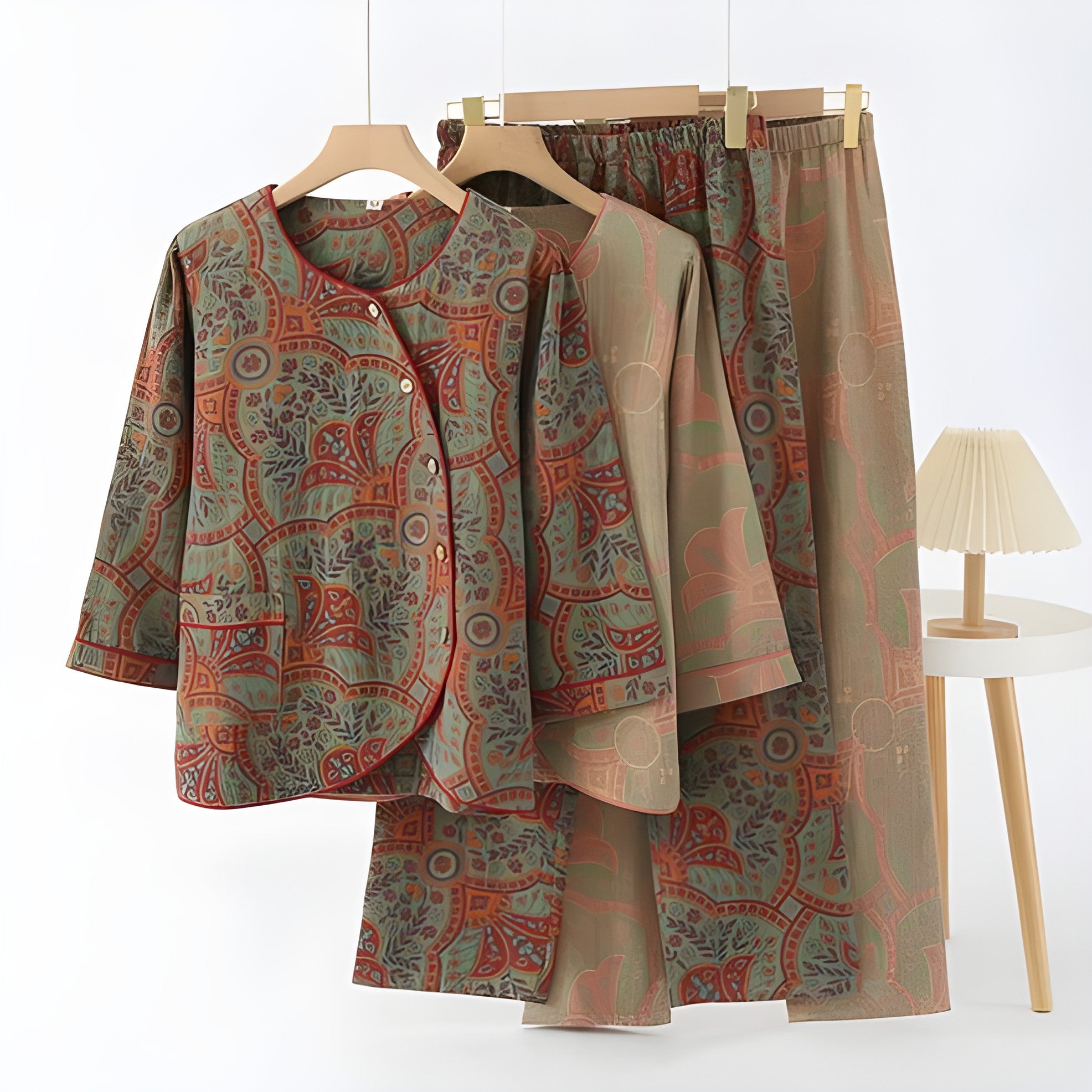 Vintage Jacquard-sett – Rund Hals, Komfortabelt Loungeantrekk
