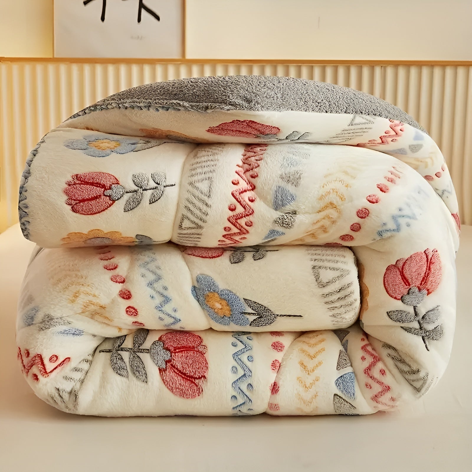 Boho Pledd i Fleece – Tykt, Mykt og Koselig | Fargerikt Blomster- og Geometrisk Mønster