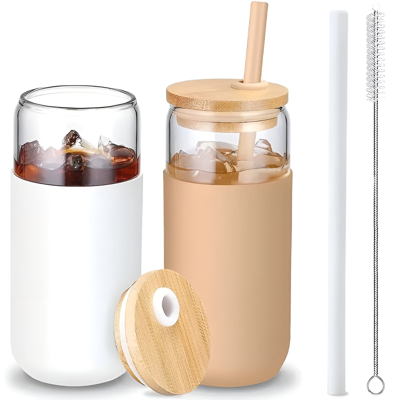 Drikkeglass Med Sugerør – 2-delers Sett Med Trelokk Og Silikonholder | Perfekt Til Kaffe, Juice Og Smoothies