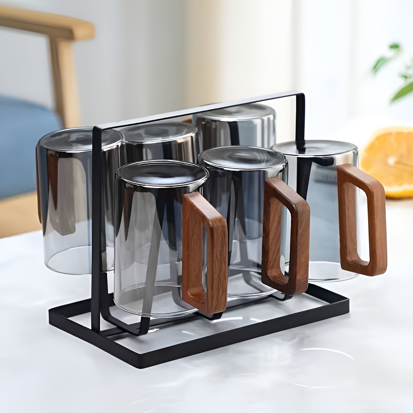 Glasskrussett med Trehåndtak – Varmebestandig og Elegant | Perfekt for Te Vann og Servering - Sett med glass og kopper