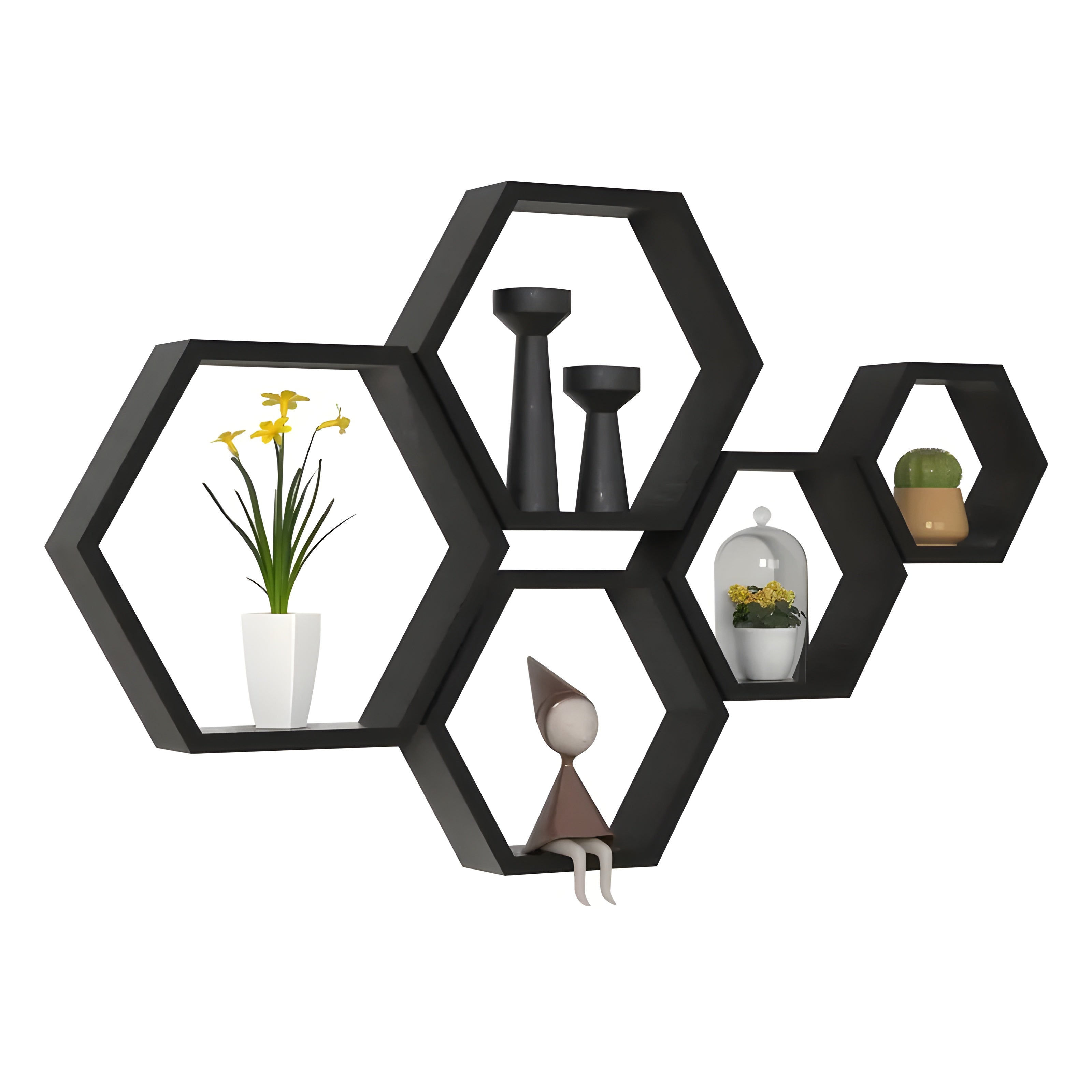 Vegghyller i Tre – Dekorativt 5-Pack i Sekskantet Design | Perfekt for Oppholdsrom