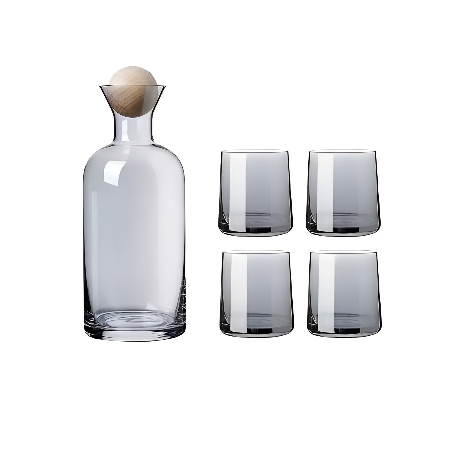 Glasskaraffelsett med 4 Glass – Stilrent og Dekorativt | 1,2L med Trelokk Perfekt for Vann og Juice - Røykgrått Sett