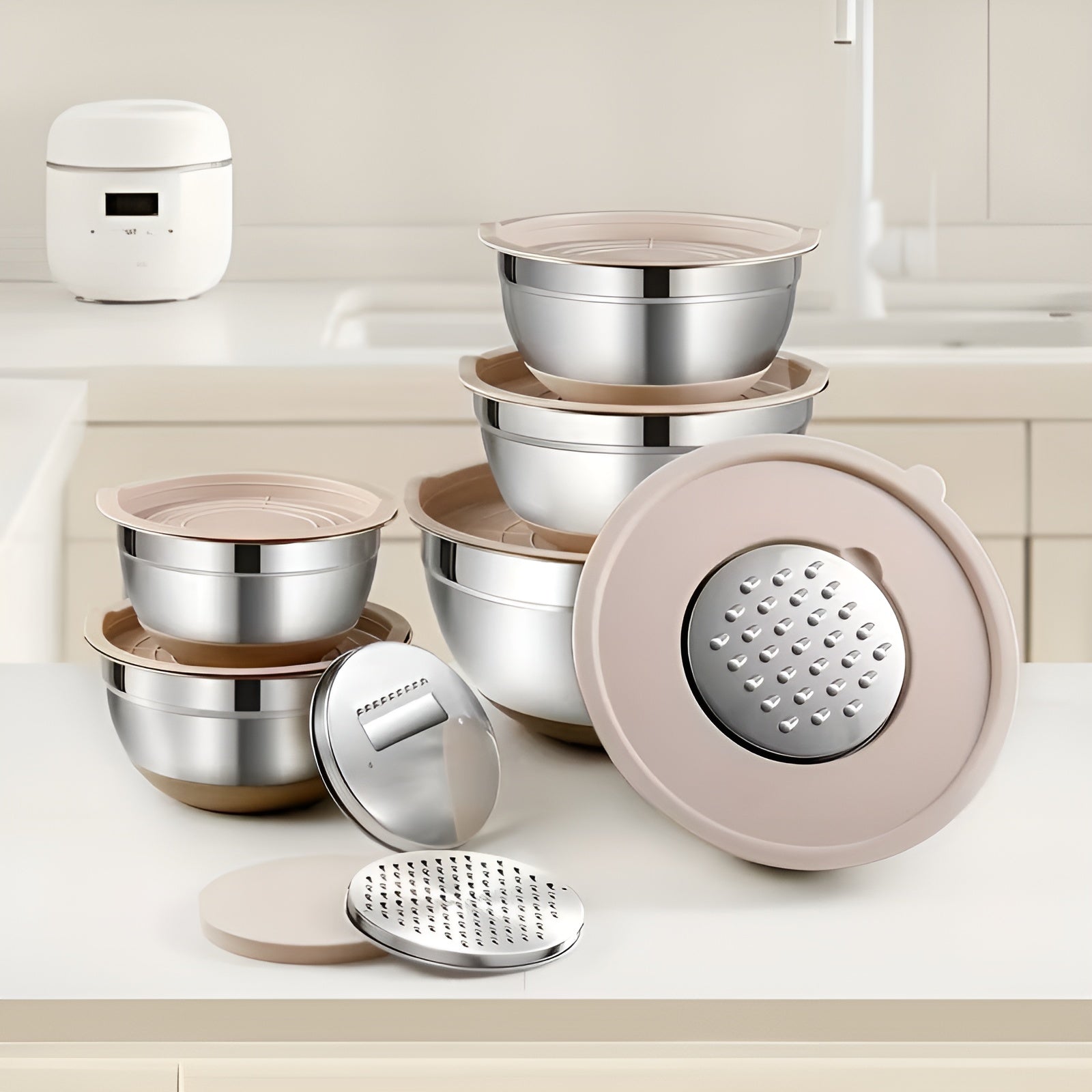 Rørbollesett i Rustfritt Stål (15 deler) – Sklisikker Silikonbunn | Perfekt til Baking og Matlaging