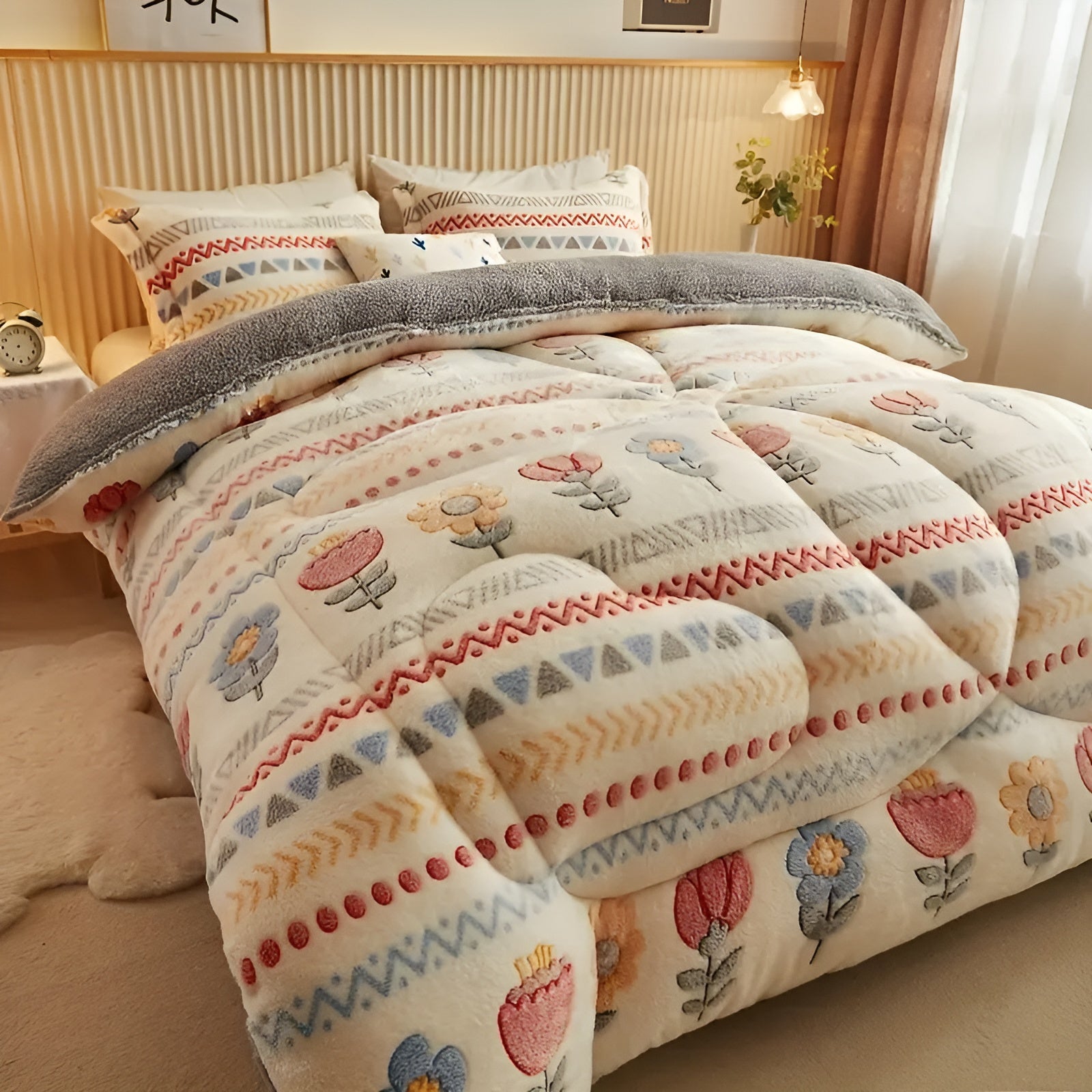 Boho Pledd i Fleece – Tykt, Mykt og Koselig | Fargerikt Blomster- og Geometrisk Mønster