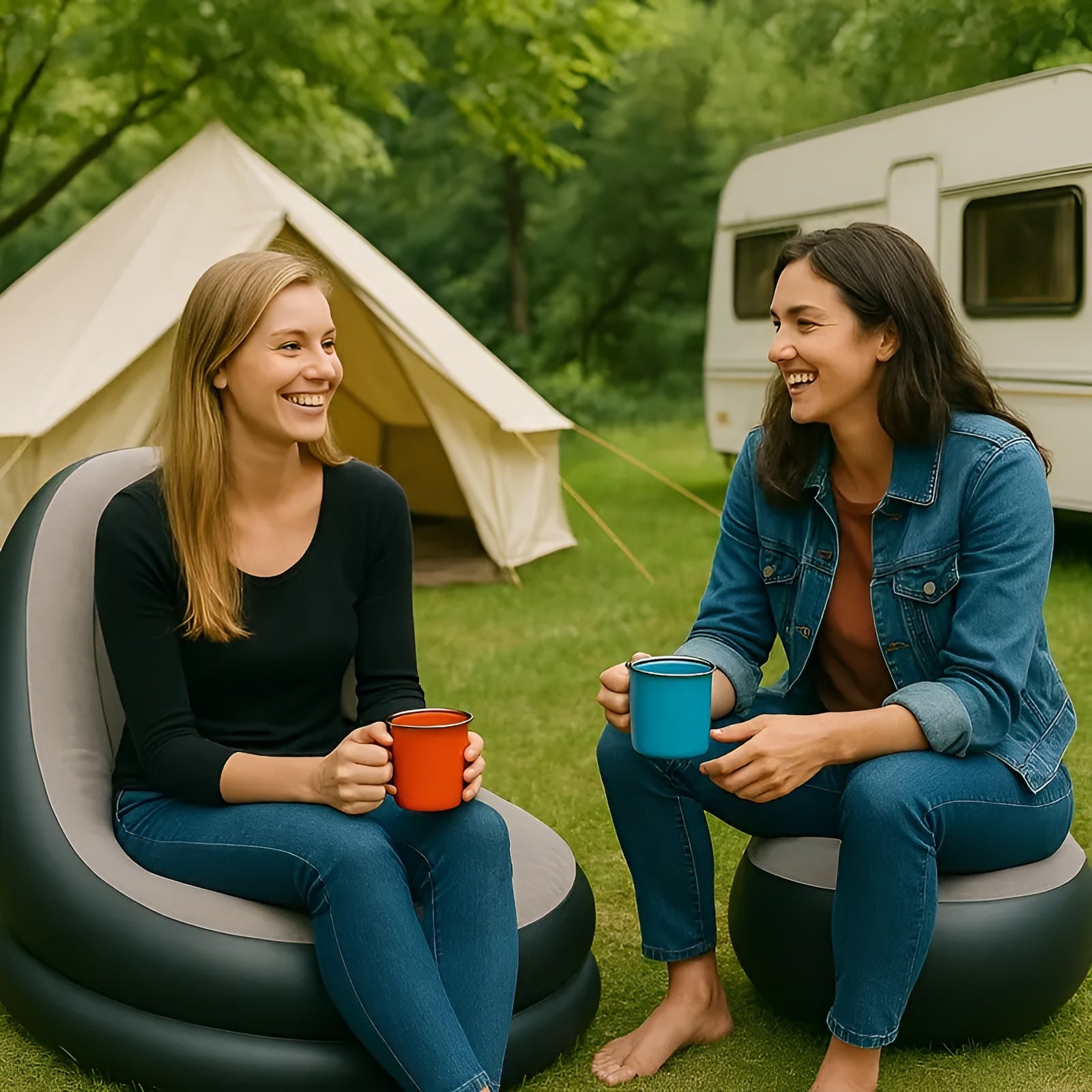 Oppblåsbar Sofa med Fotskammel – Rask å Blåse Opp | Perfekt for Camping og Stue