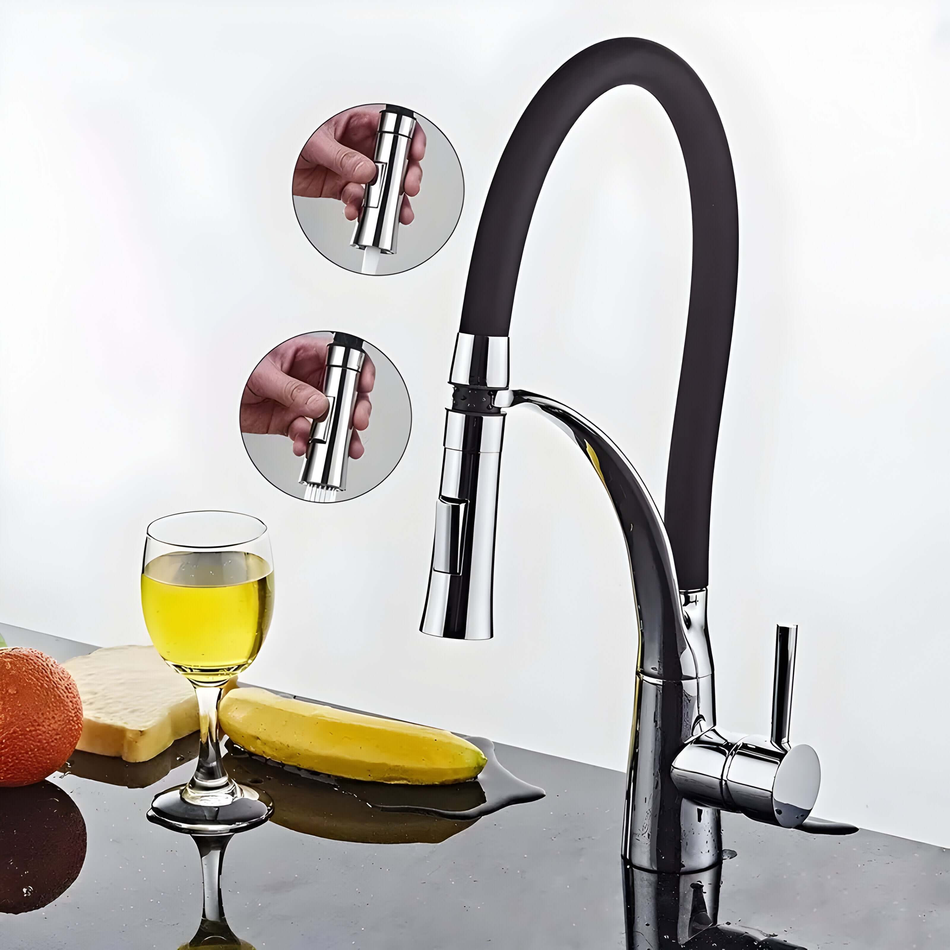 Rustfritt Stål Kran - 360° Kjøkkenkran Med Uttrekkbar Dusj Og Uttrekkbar Tut