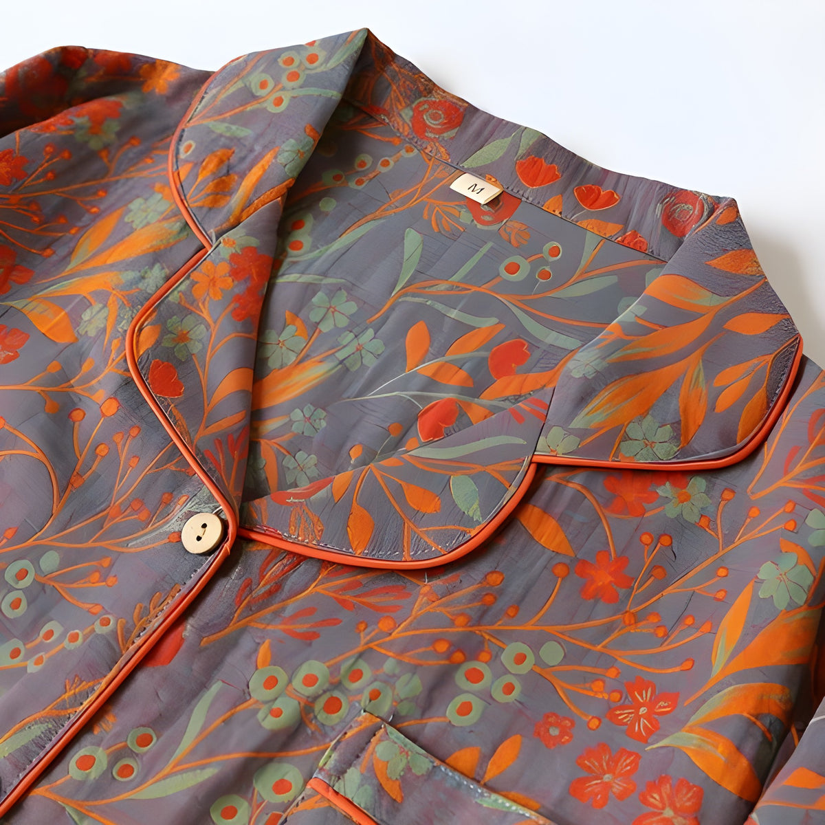 Loungewearsett i Bomull – Vintage Bladtrykk, Krage og Komfortabel Passform