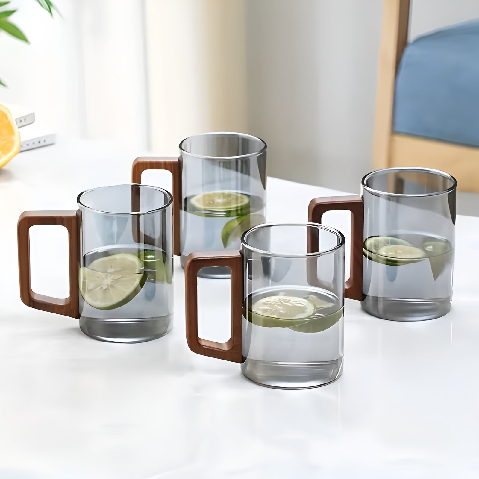 Glasskrussett med Trehåndtak – Varmebestandig og Elegant | Perfekt for Te Vann og Servering - Sett med glass og kopper