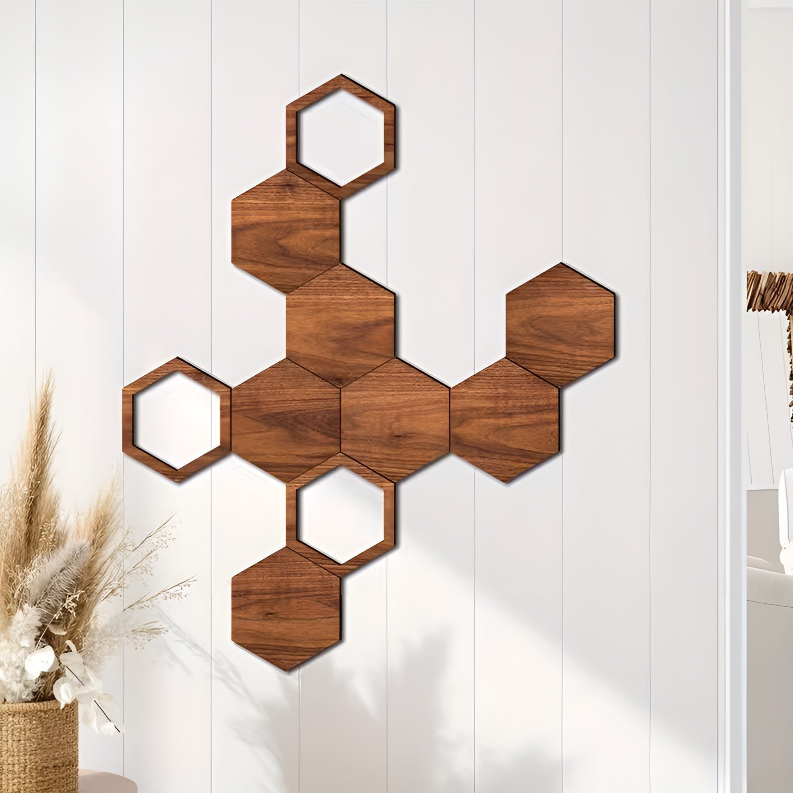 3D Veggdekor i Tre (11 Deler) – Moderne og Dekorativ Hexagon Veggdesign | Perfekt for Stue og Soverom - Veggpaneler