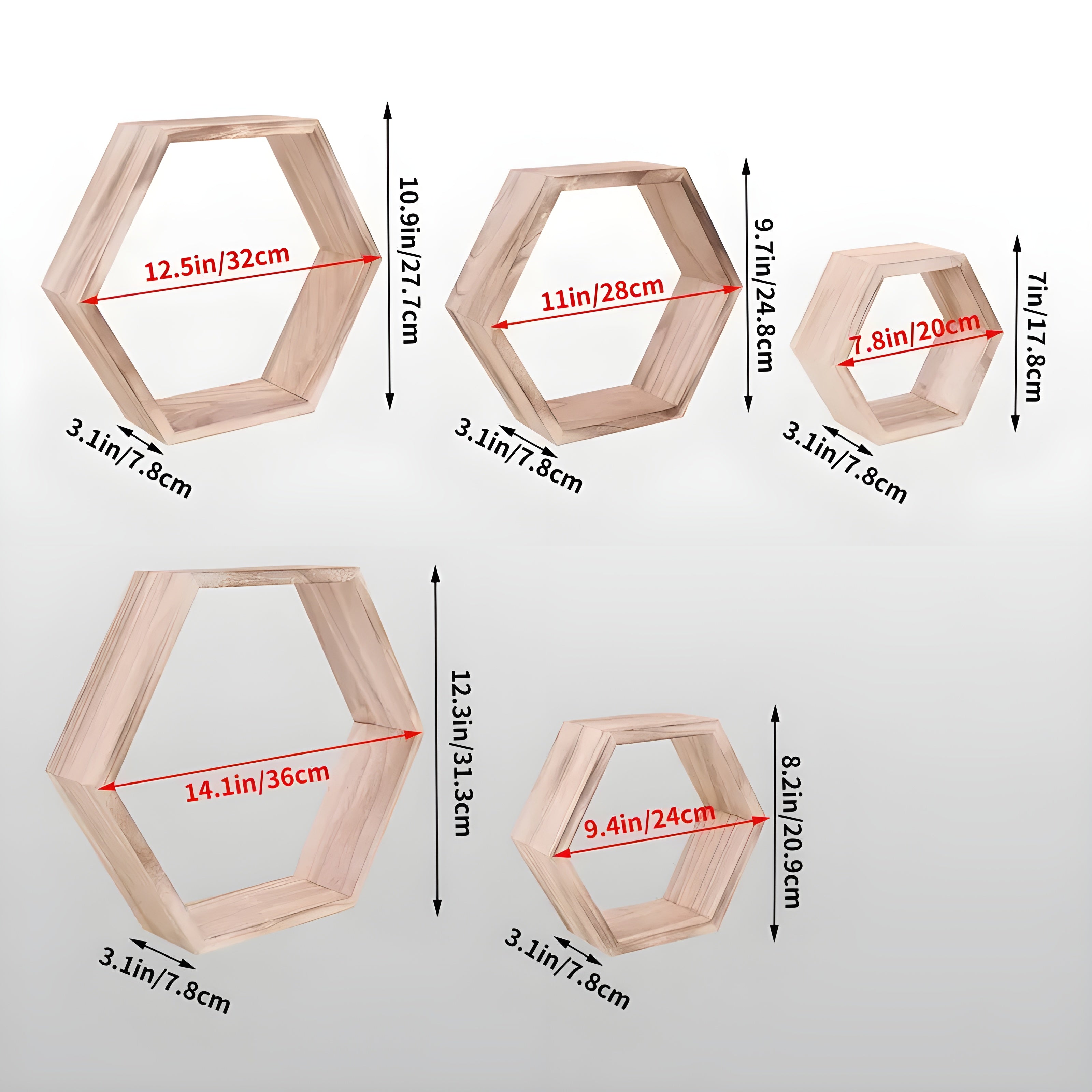 Vegghyller i Tre – Dekorativt 5-Pack i Sekskantet Design | Perfekt for Oppholdsrom