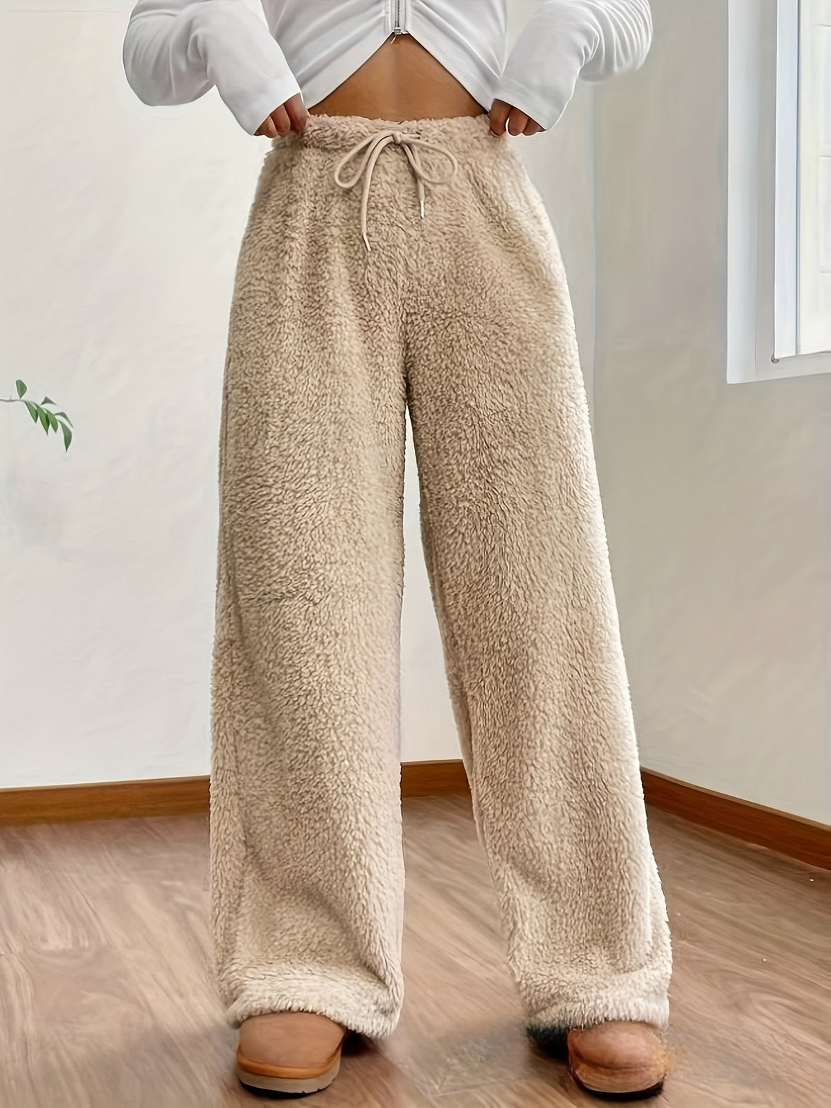Dame teddy sherpa-bukse i rosa, avslappet passform
