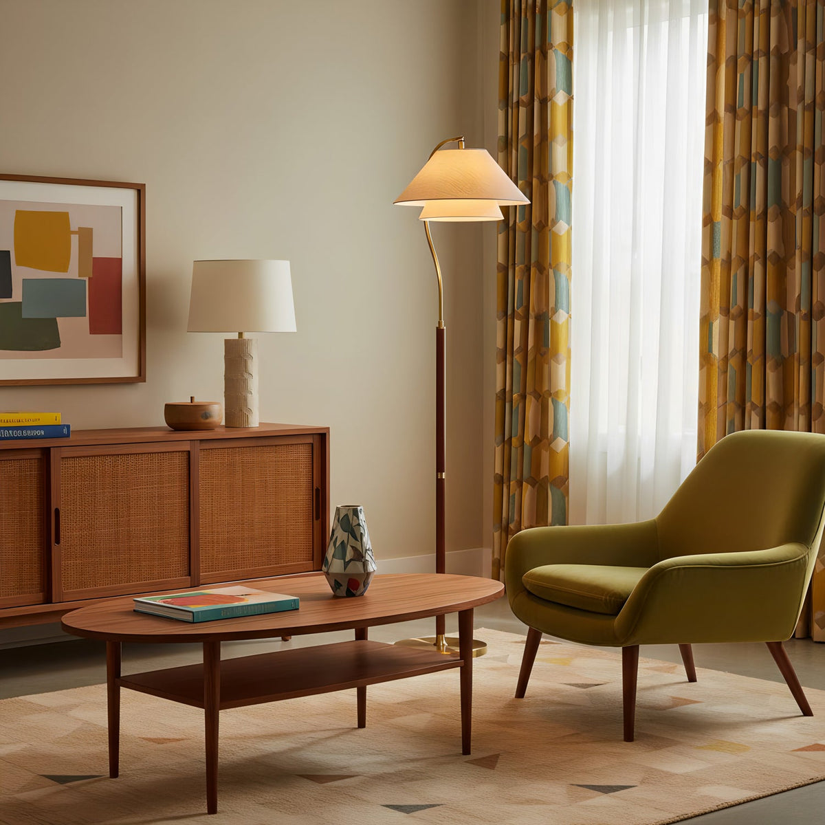 Gulvlampe i stue ved sofa, varm stemningsbelysning