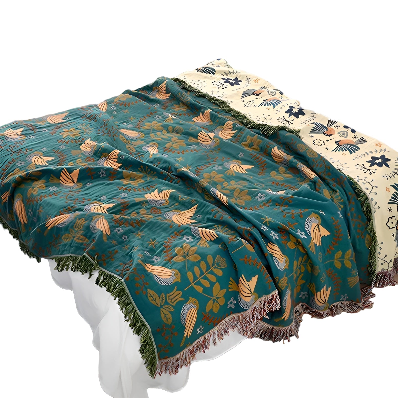 Boho-pledd – Vendbart Bomullspledd med Broderi | Dekorativt Mønster med Fugler og Blomster