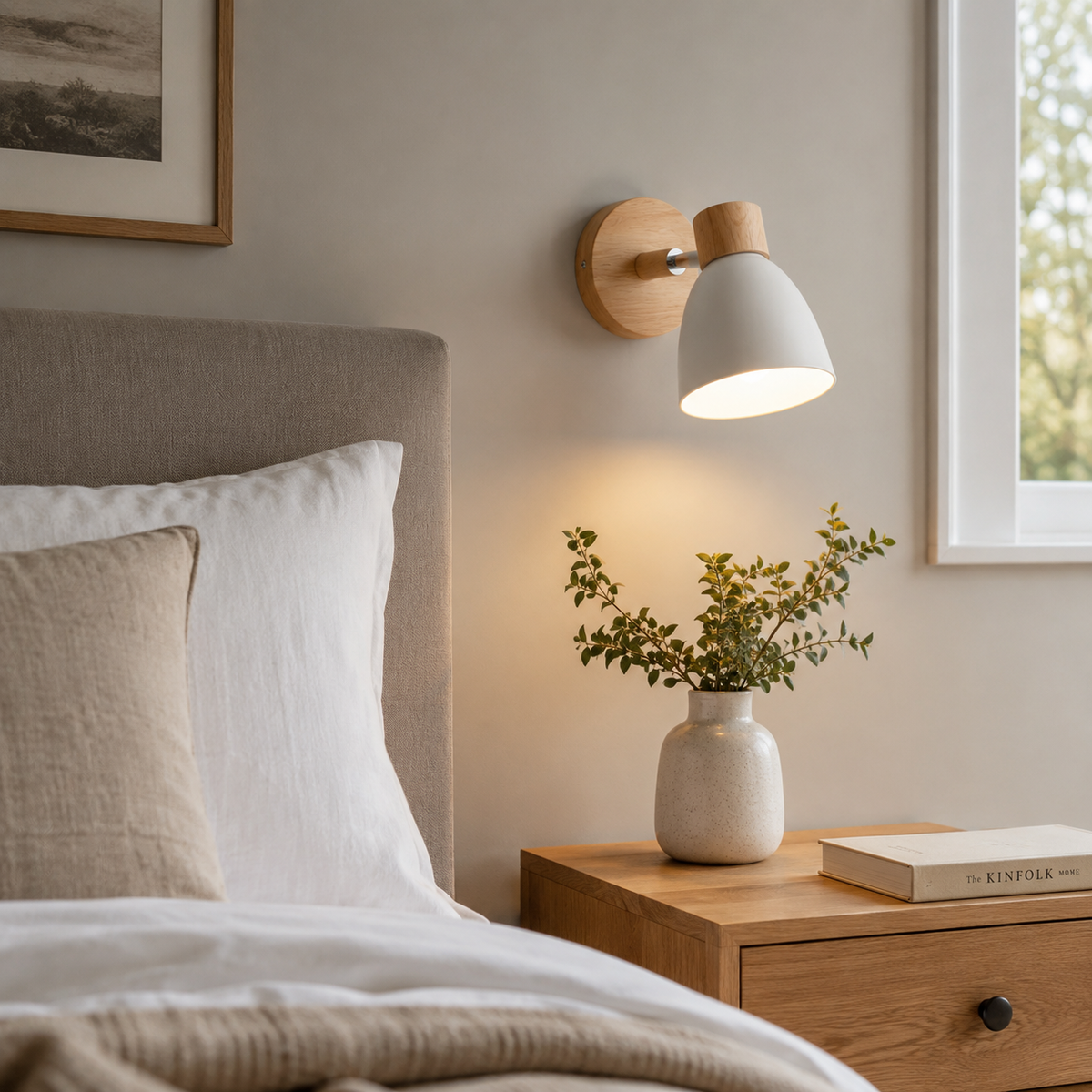Gul vegglampe montert på lys vegg