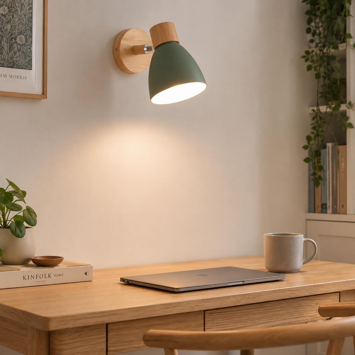 Vegglampe i grå farge over nattbord