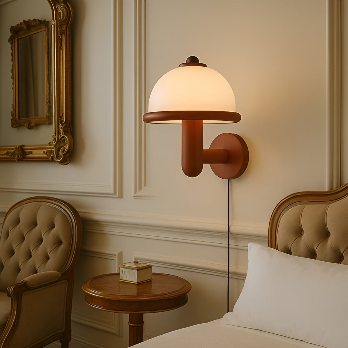 Soppformet Vegglampe – Stilrent Design med Eikebunn | Perfekt for Stue og Soverom