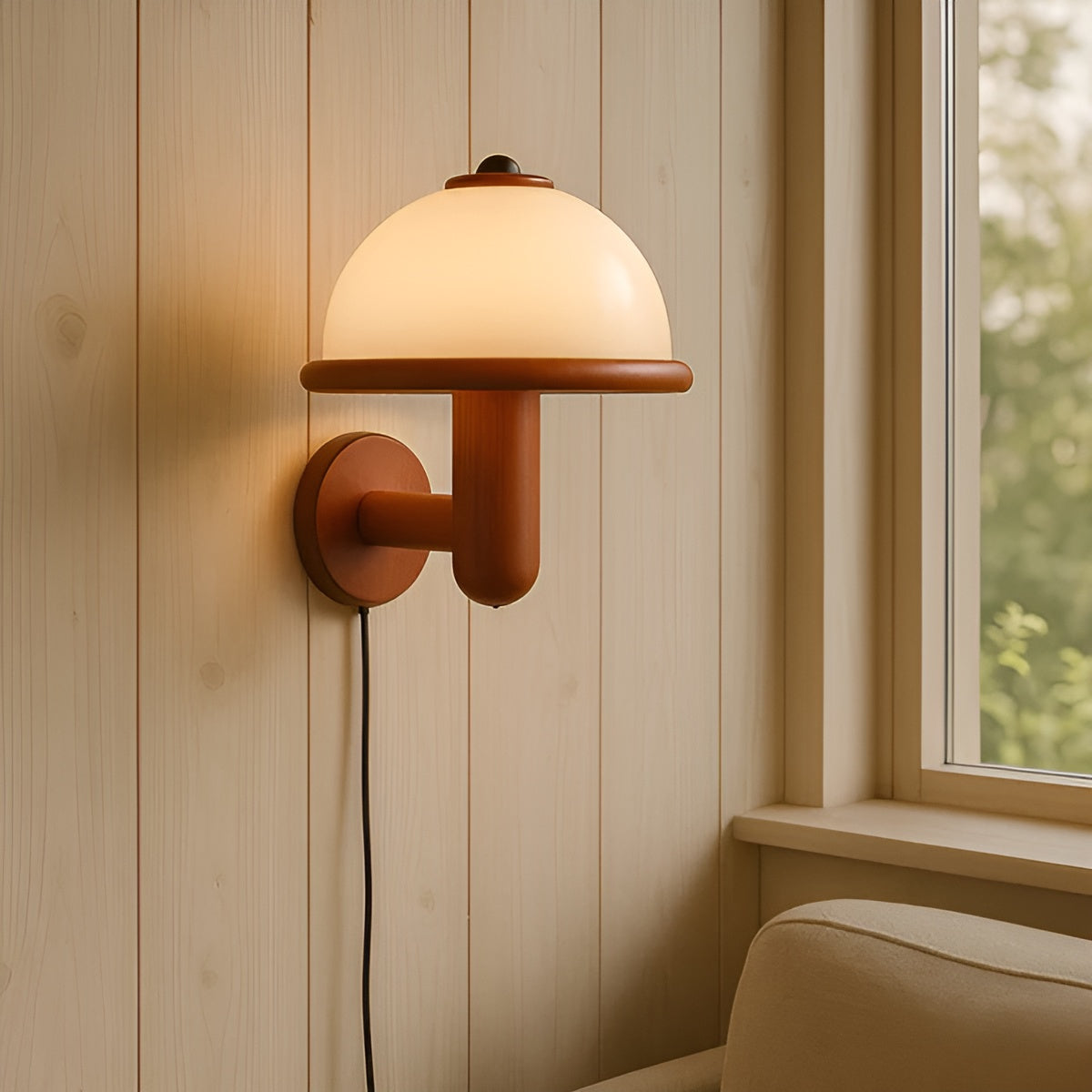 Soppformet Vegglampe – Stilrent Design med Eikebunn | Perfekt for Stue og Soverom