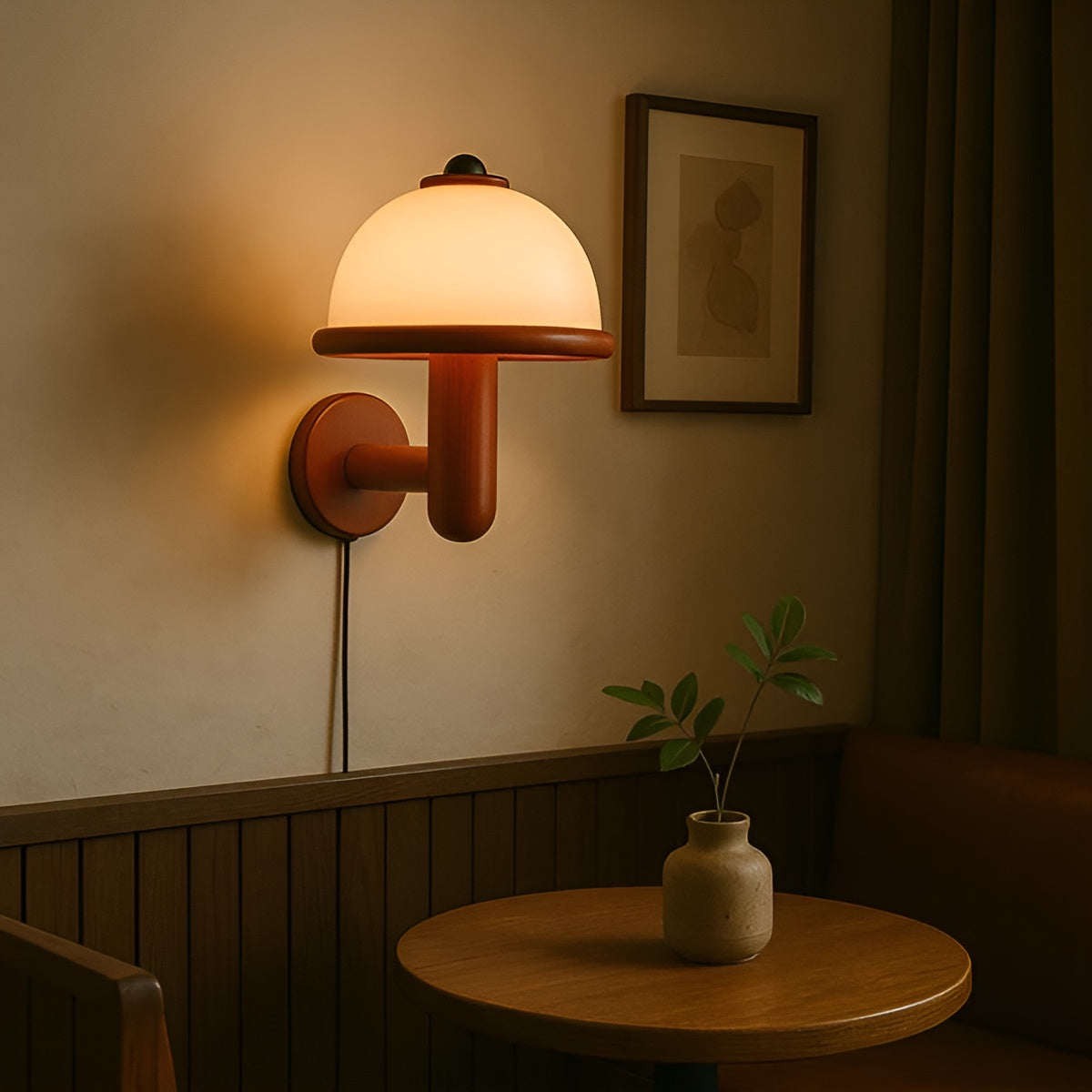 Soppformet Vegglampe – Stilrent Design med Eikebunn | Perfekt for Stue og Soverom