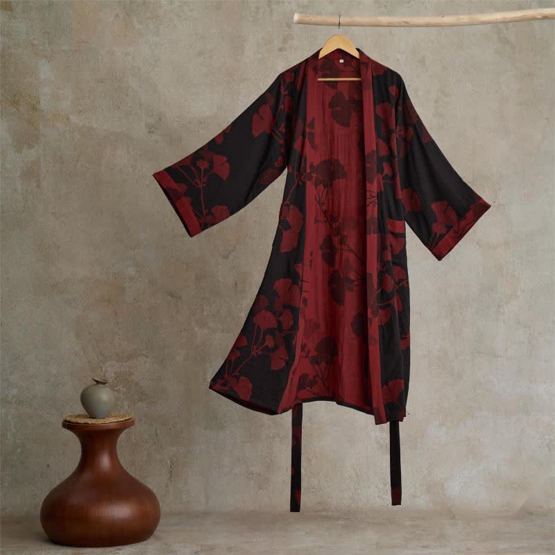 Kimono-badekåpe i bomull med ginkgoblad-mønster, forside