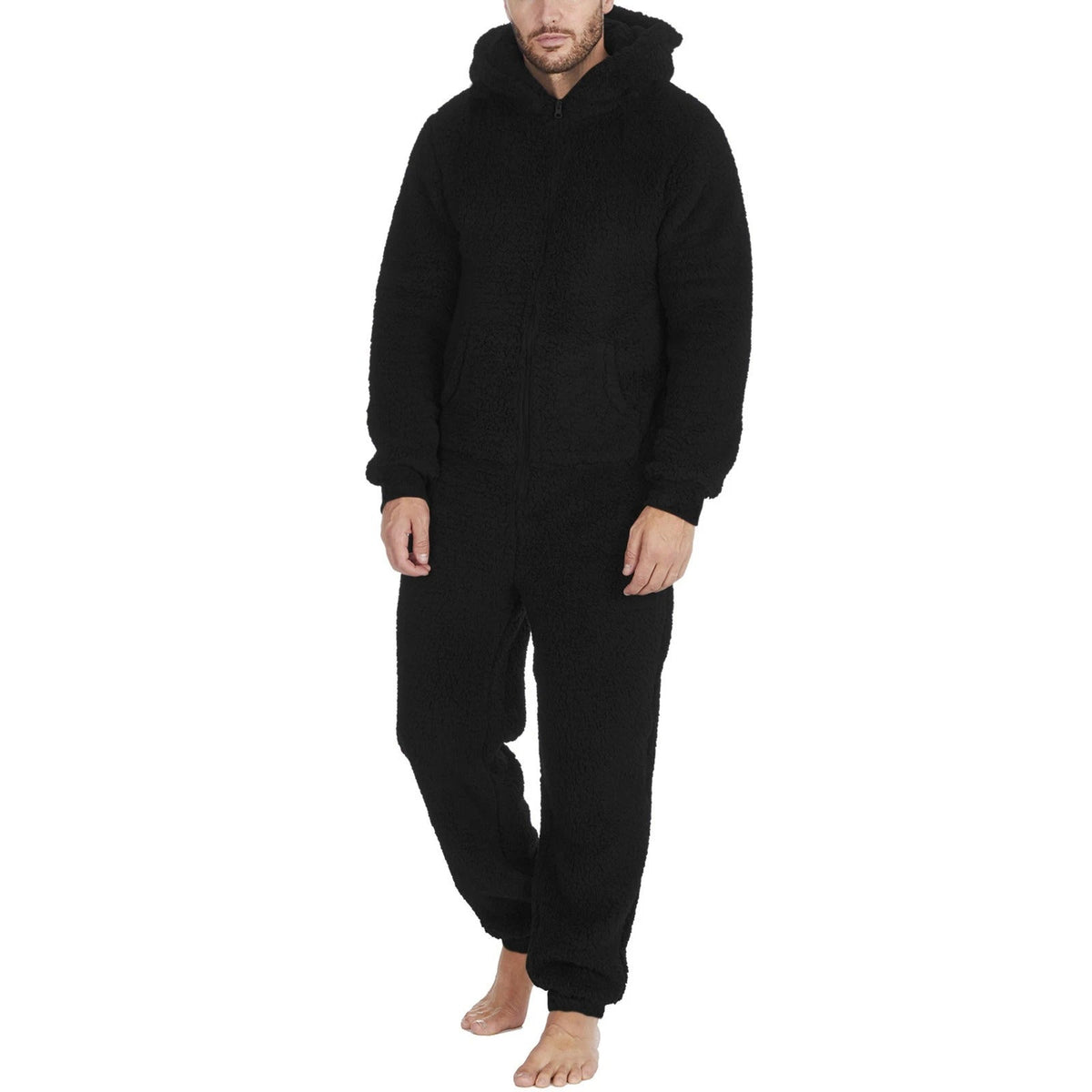 Teddy onesie heldrakt for menn med hette og glidelås i svart
