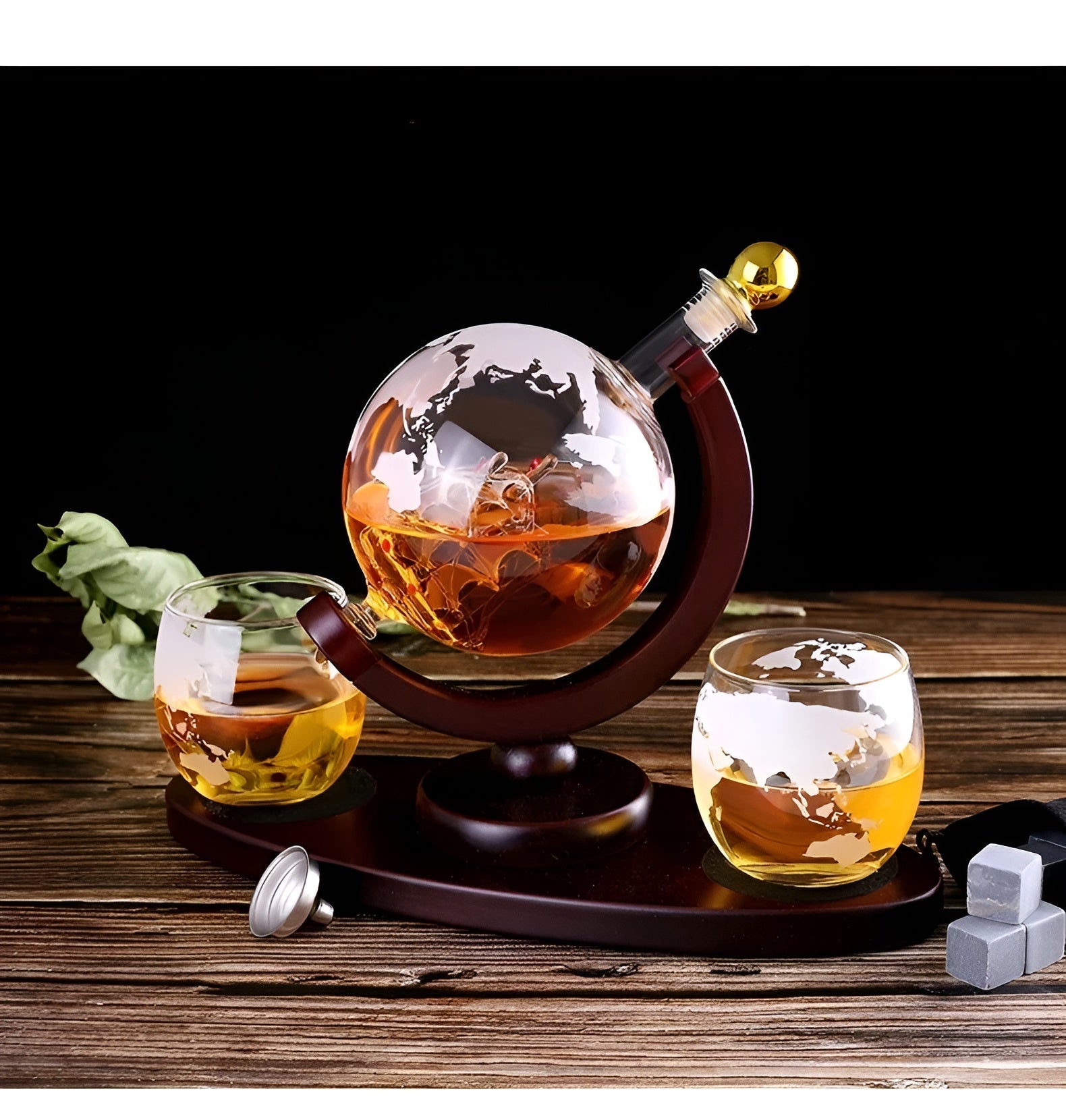 Kristall-Whiskykaraffe mit Gläsern – Weltkugel-Design | Dekorativ für Büro & Zuhause - 1 Sett - Sett med glass og kopper