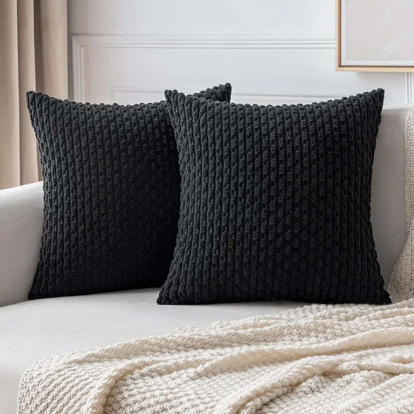 Ribbet Putetrekk i Fløyel – Mykt og Koselig | Dekorativt for Sofa og Seng - Svart / 40x40cm - Pynteputer