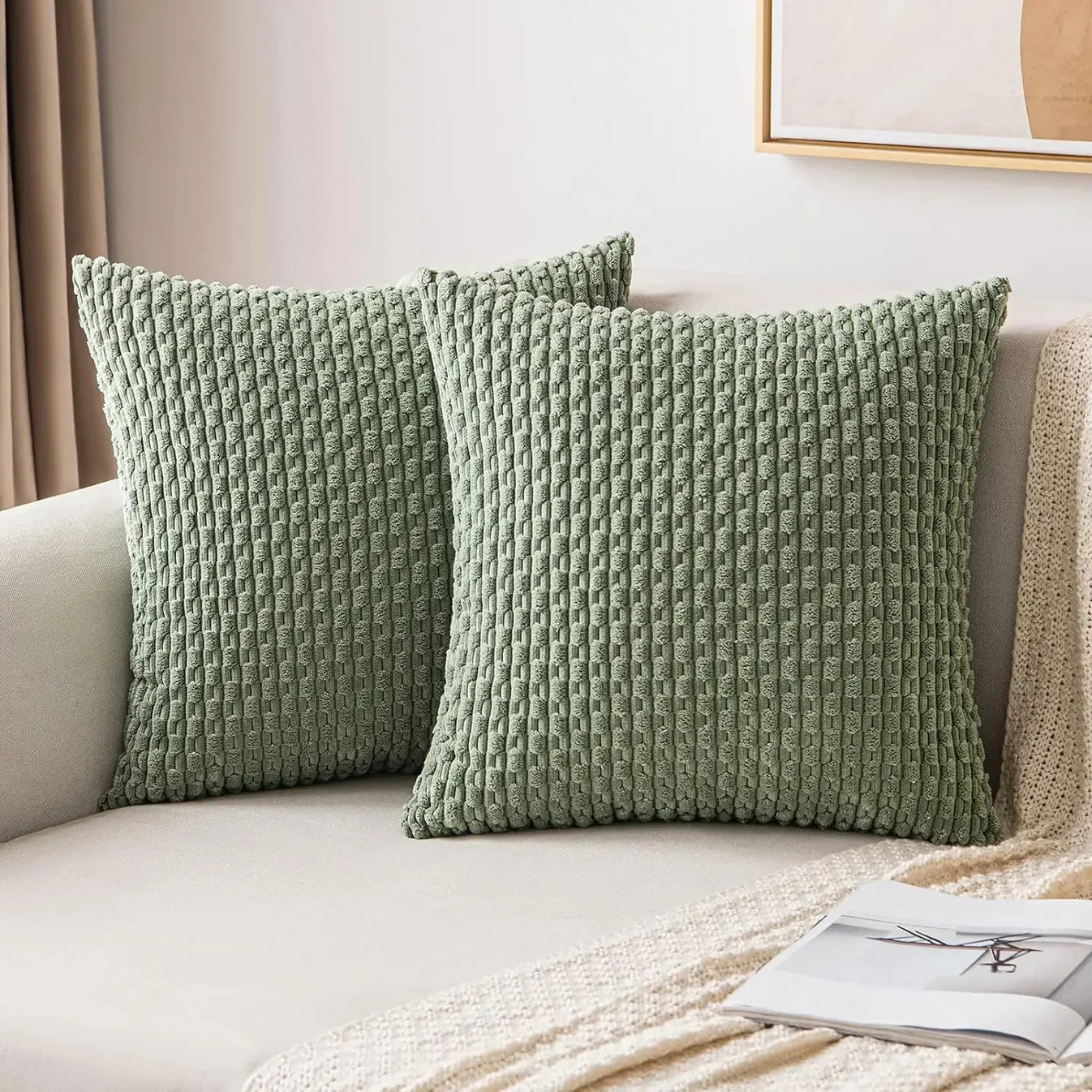 Ribbet Putetrekk i Fløyel – Mykt og Koselig | Dekorativt for Sofa og Seng - Grønn / 40x40cm - Pynteputer