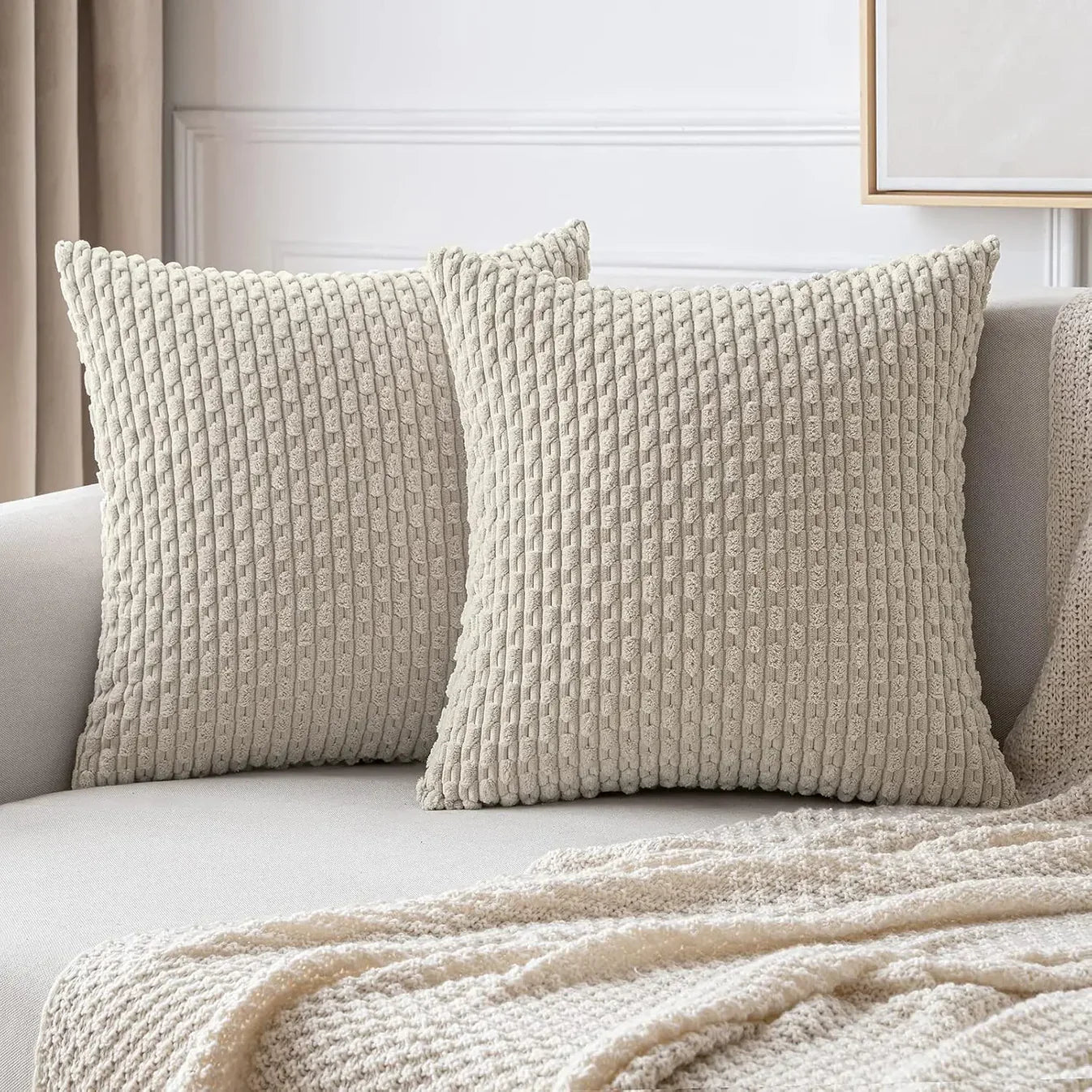 Ribbet Putetrekk i Fløyel – Mykt og Koselig | Dekorativt for Sofa og Seng - Beige / 40x40cm - Pynteputer