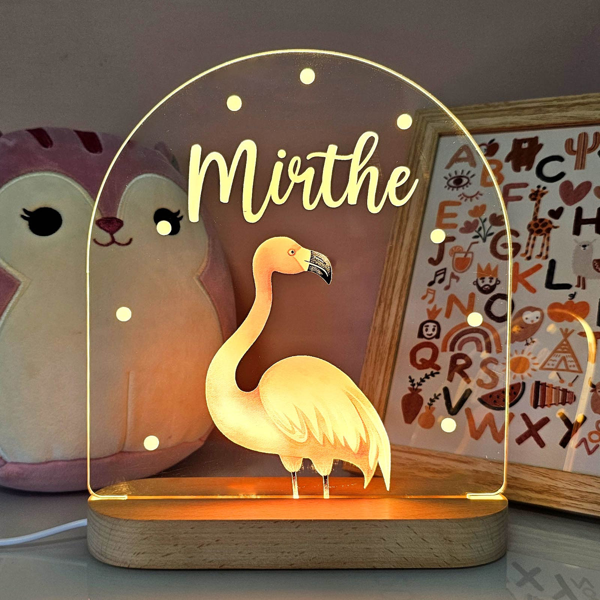 Nattlampe med flamingomotiv og personlig navn