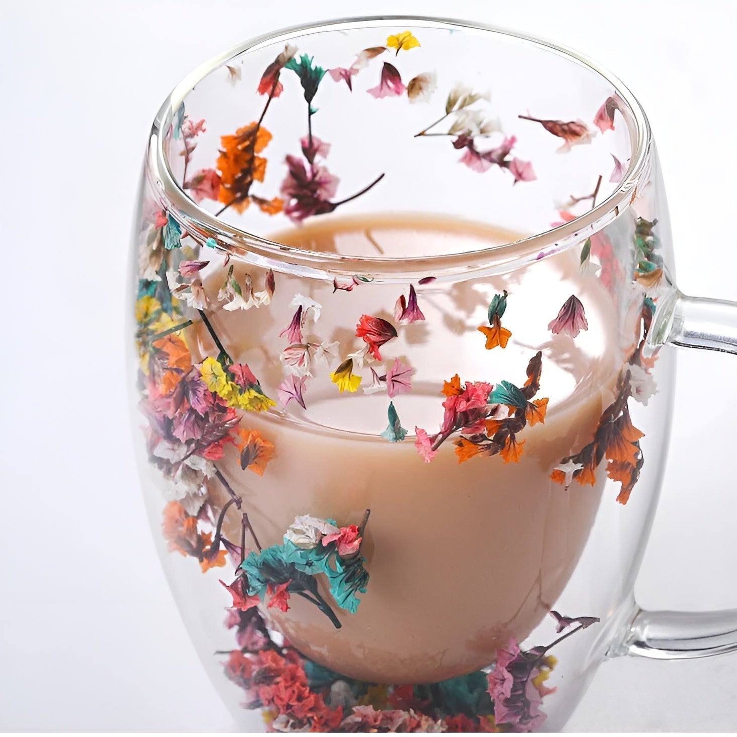 Dobbeltvegget Glass med Tørkede Blomster - Varmebestandig og Perfekt til Te, Kaffe og Hjemmet