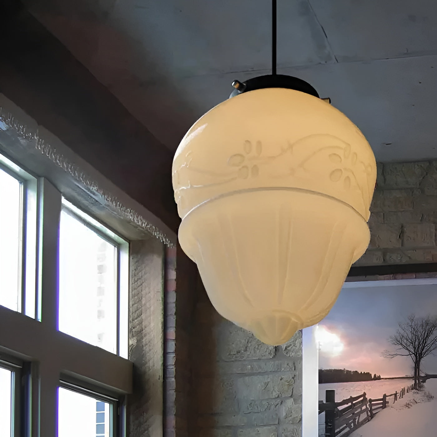 Hengelampe I Frostet Glass - Vintagedesign Med Geometrisk Glass