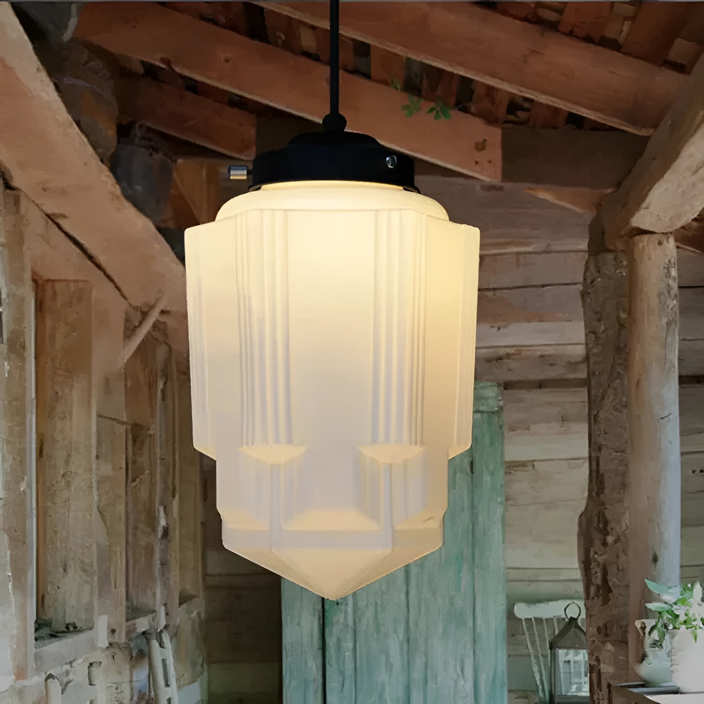 Hengelampe I Frostet Glass - Vintagedesign Med Geometrisk Glass