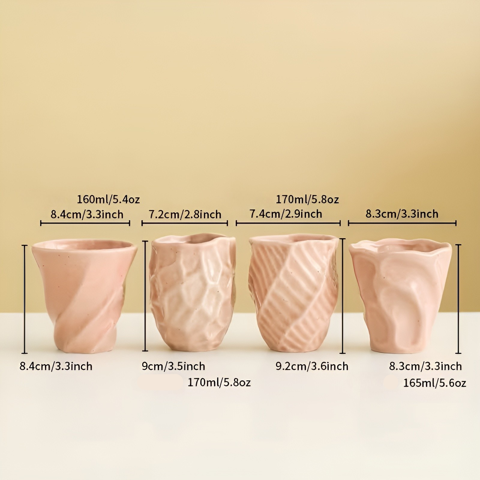 Sett Med 4 Keramiske Kopper I Rosa Og Kremhvit – Håndlagde Og Dekorative | Perfekte For Kjøkkenet Og Bordet