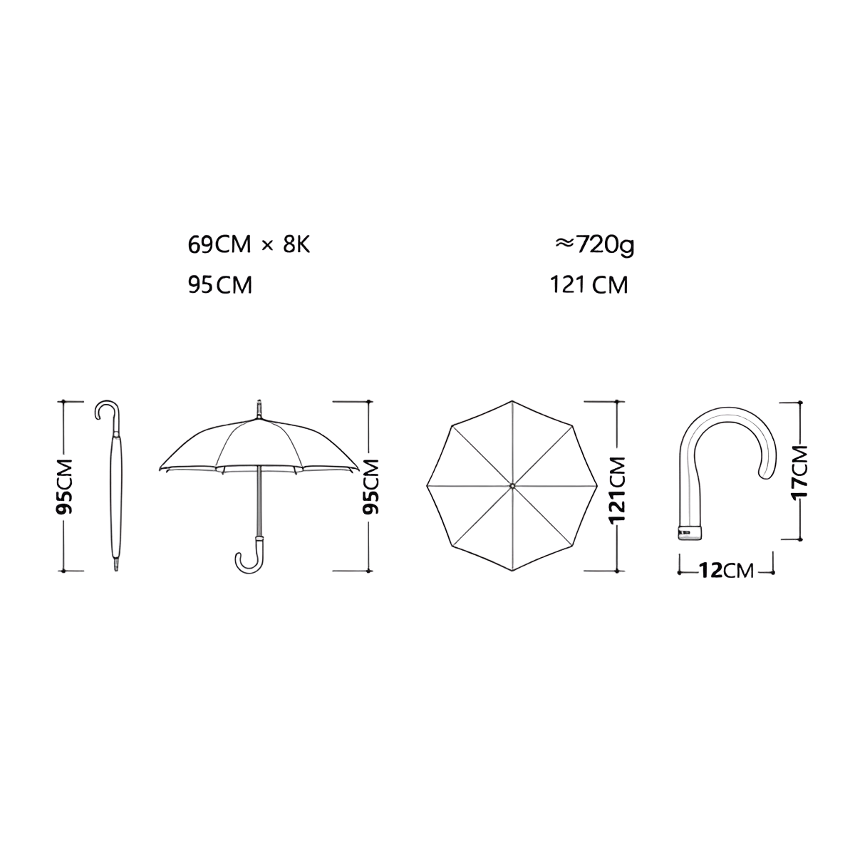 Lang Paraply Skinnhåndtak – 121 cm Skjerm | Klassisk Design for Regnfulle Dager