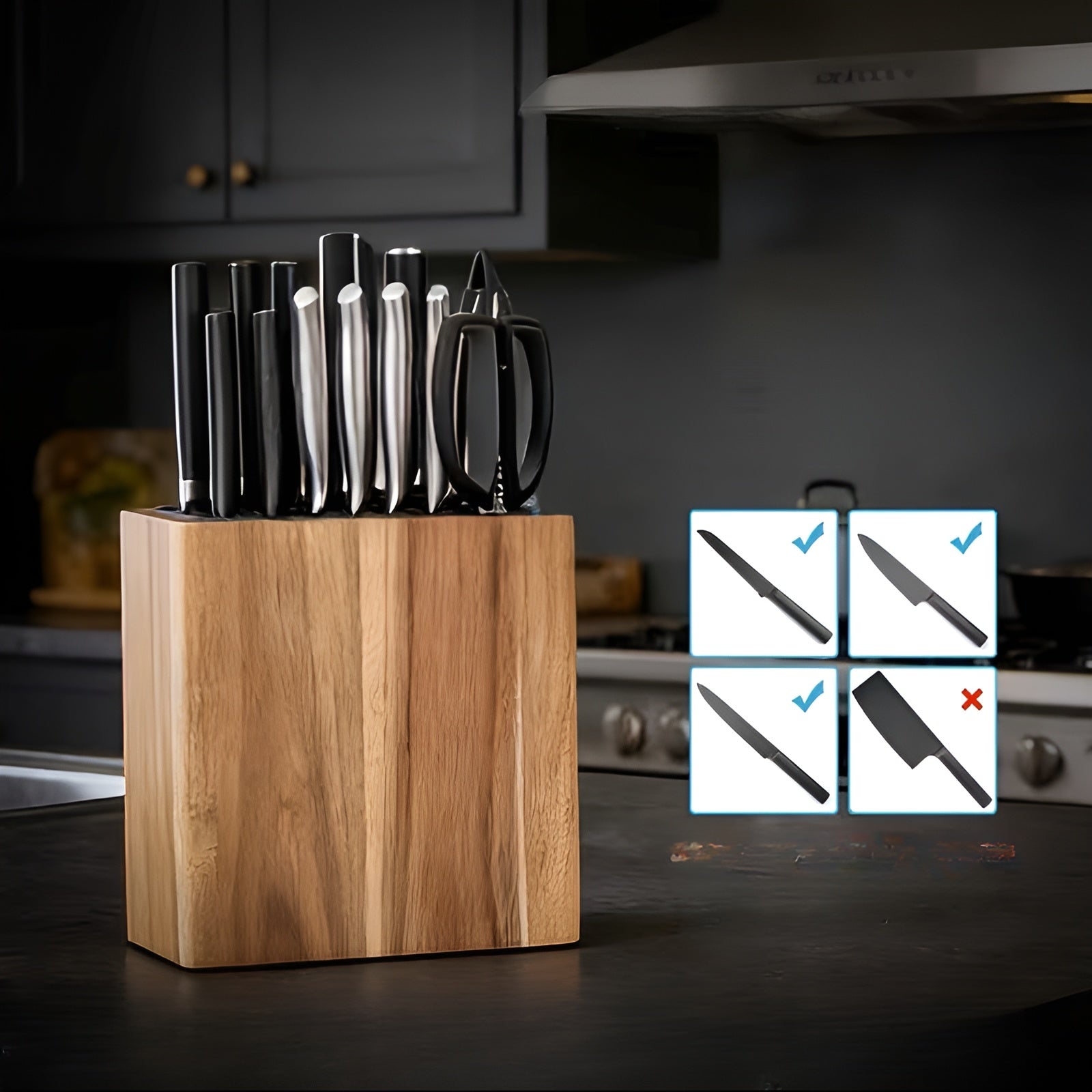 Knivblokk Med Knivspor – Solid Knivoppbevaring I Tre, Knivholder Til Benkeplaten Med Bladbeskyttelse